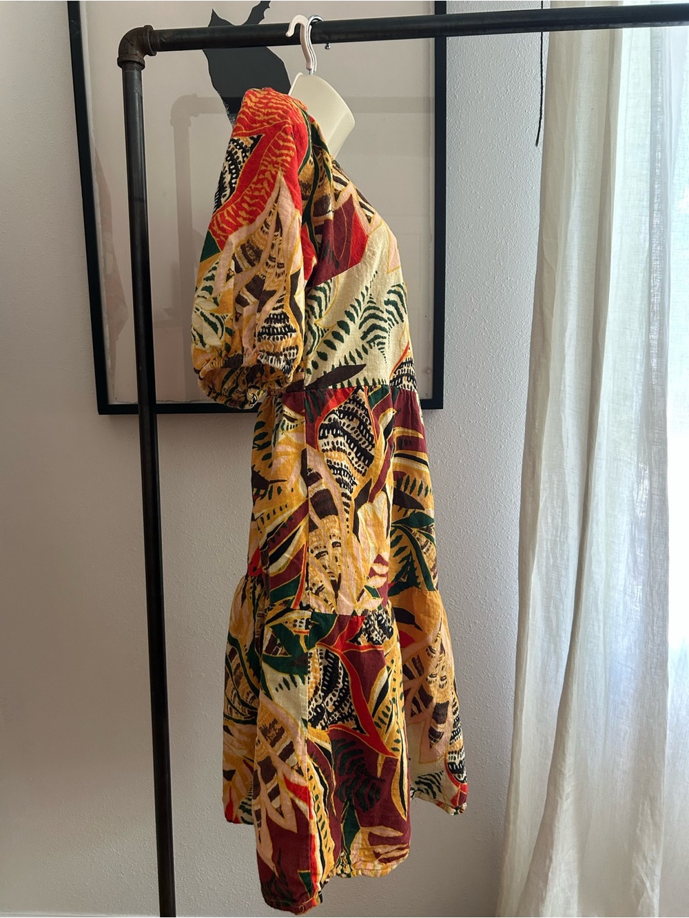 Mlle Gabrielle Tropical Print Smocked Mini Dress — Size M
